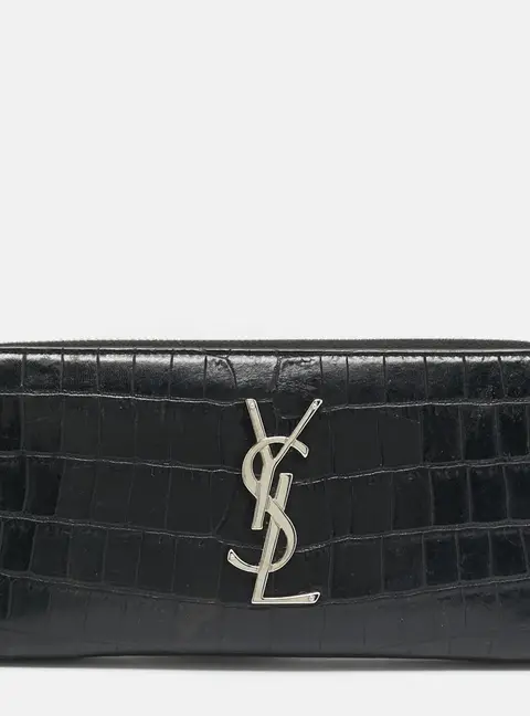Saint Laurent Cassandre Black Croc Embossed Leather Zip Around Wallet