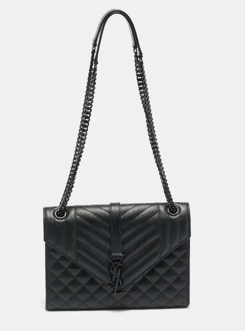 Saint Laurent Envelope Medium Black Mix Matelass&eacute; Leather Chain Bag