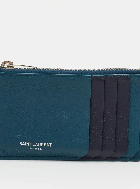 Saint Laurent Fragments Zip Dark Teal Blue/Navy Leather Card Case