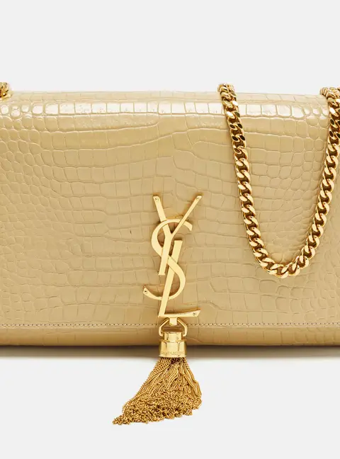 Saint Laurent Kate Tassel Medium Beige Croc Embossed Leather Shoulder Bag