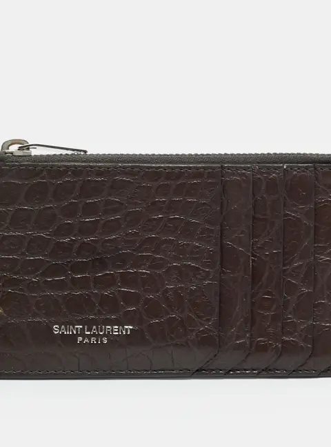 Saint Laurent Brown Croc Embossed Leather Zip Card Holder