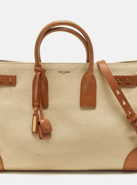 Saint Laurent Sac De Jour Thin Large Tan/Natural Canvas and Leather Tote