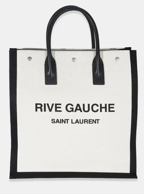 Saint Laurent Rive Gauche North South Beige Linen Black Calfskin Leather Tote Bag