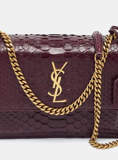 Saint Laurent Sunset Medium Burgundy Python Embossed Leather Shoulder Bag