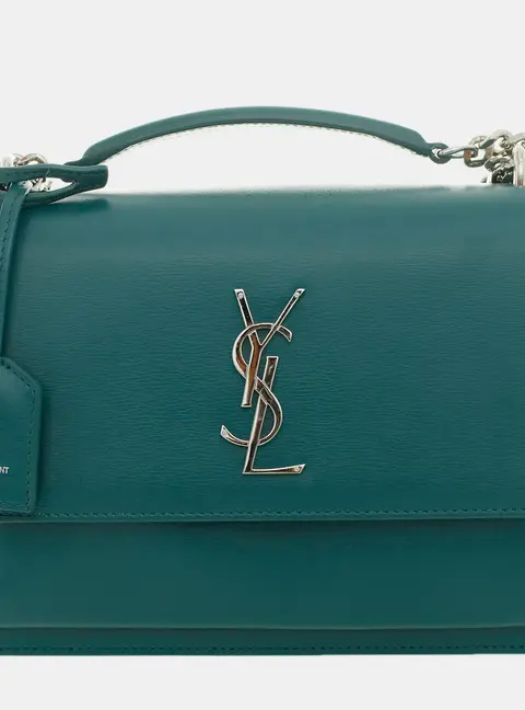 Saint Laurent Sunset Medium Petrol Blue Grained Leather Shoulder Bag