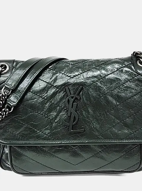 Saint Laurent Niki Medium Dark Green Crinkled Calfskin Leather Shoulder Bag