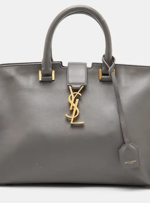Saint Laurent Cabas Monogram Small Taupe Grey Leather Tote