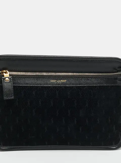 Saint Laurent Black Zip Monogram Print Suede and Leather Pouch