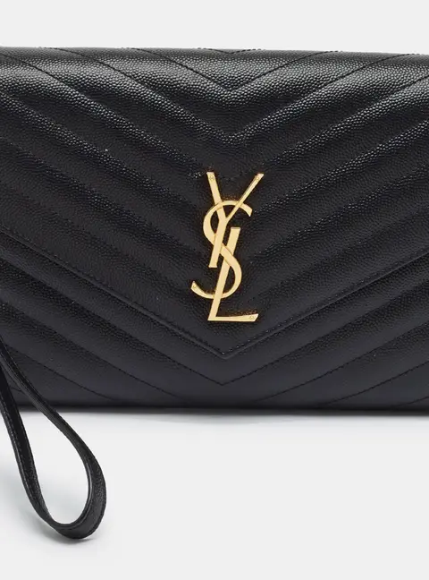 Saint Laurent Monogram Envelope Black Matelass&eacute; Leather Wristlet Pouch