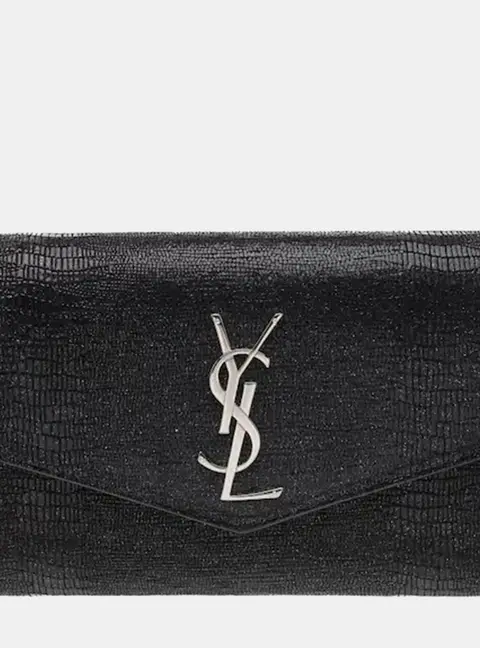 Saint Laurent Uptown Black Crocodile Embossed Shiny Leather Clutch Bag