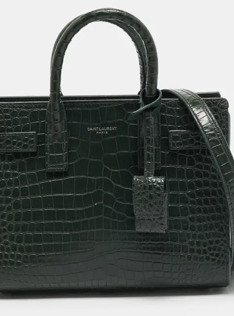 Saint Laurent Classic Sac De Jour Nano Green Croc Embossed Leather Tote