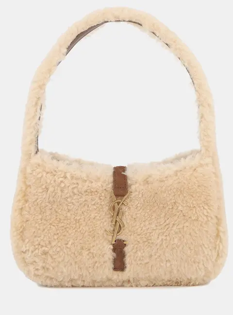 Saint Laurent Le 5 A 7 Mini Beige Shearling Sheepskin Leather Shoulder Bag