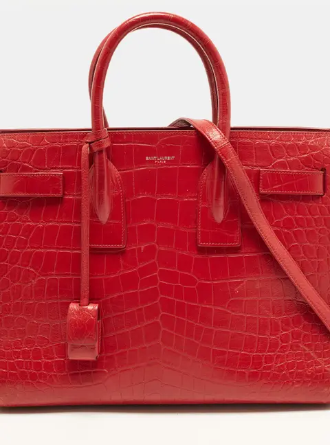 Saint Laurent Classic Sac De Jour Small Red Croc Embossed Leather Tote