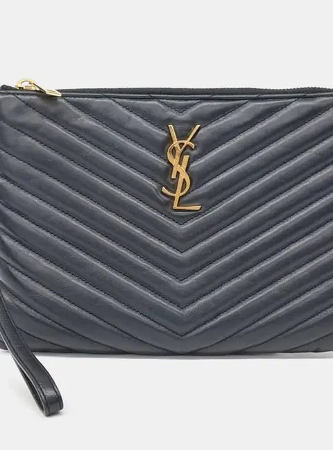 Saint Laurent Paris Black Leather Monogram Clutch Small (379039)