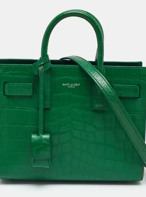 Saint Laurent Classic Sac De Jour Nano Green Croc Embossed Leather Tote