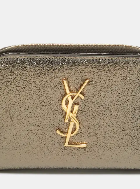 Saint Laurent Monogram Zip Metallic Crinkled Leather Compact Wallet