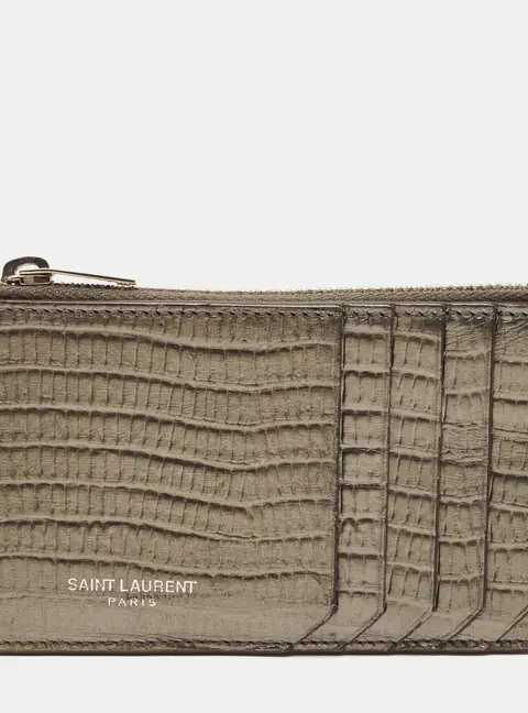 Saint Laurent Grey Lizard Embossed Leather Zip Card Holder