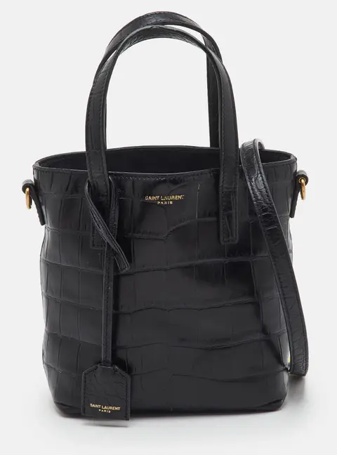 Saint Laurent Toy Mini Black Croc Embossed Leather Tote