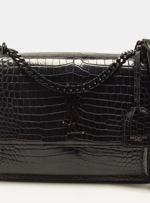Saint Laurent Sunset Medium Black Croc Embossed Leather Shoulder Bag