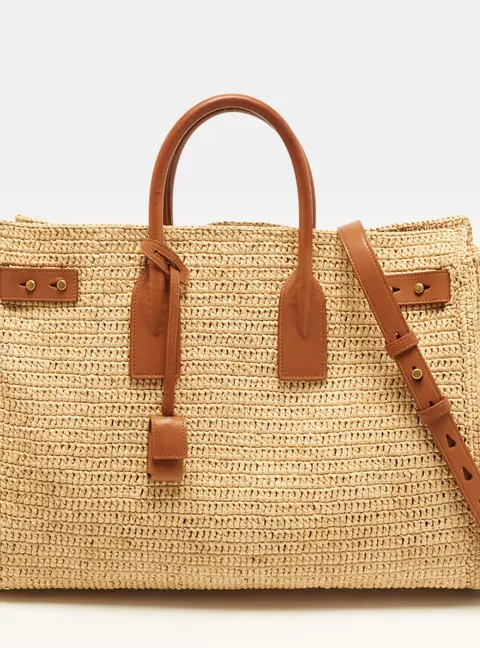 Saint Laurent Sac de Jour Supple Brown/Beige Leather and Raffia Tote