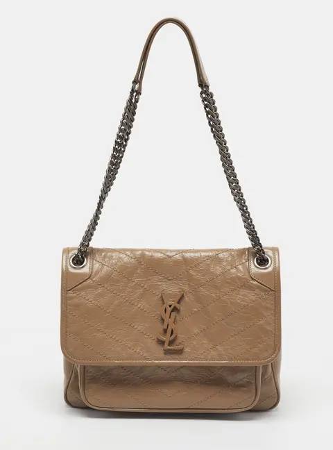 Saint Laurent Nikki Medium Beige Crinkled Matelass&eacute; Leather Shoulder Bag