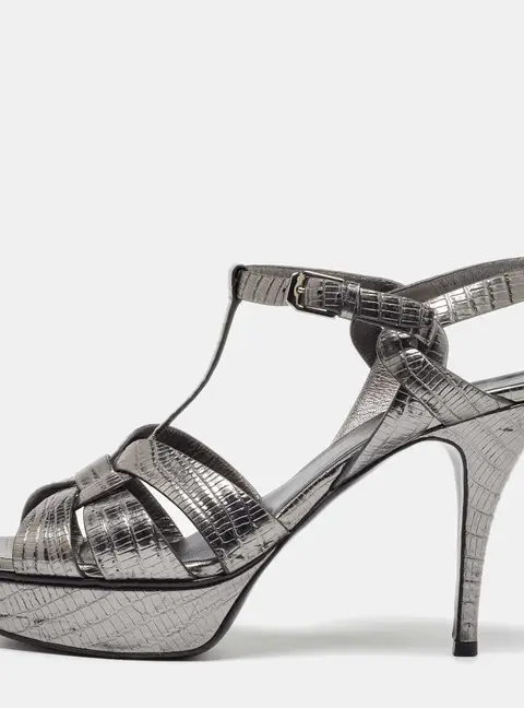 Saint Laurent Paris Tribute Size 40 Grey Lizard Embossed Leather Platform Sandals