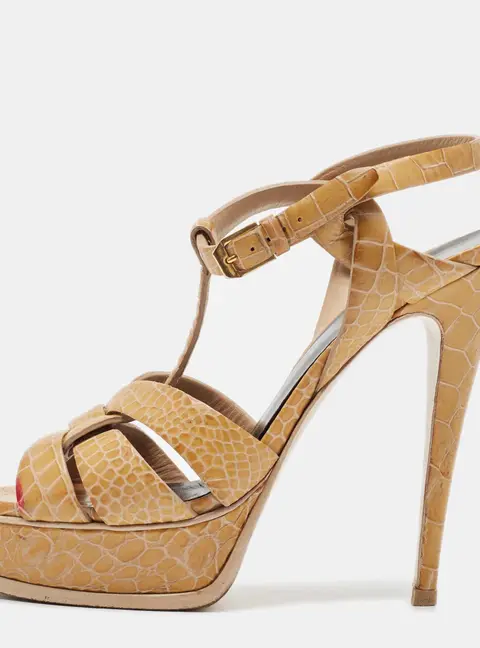 Saint Laurent Yellow Croc Embossed Leather Tribute Platform Sandals Size 39