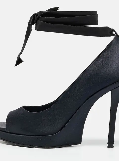 Saint Laurent Navy Blue Satin Open Toe Ankle Wrap Platform Pumps Size 37