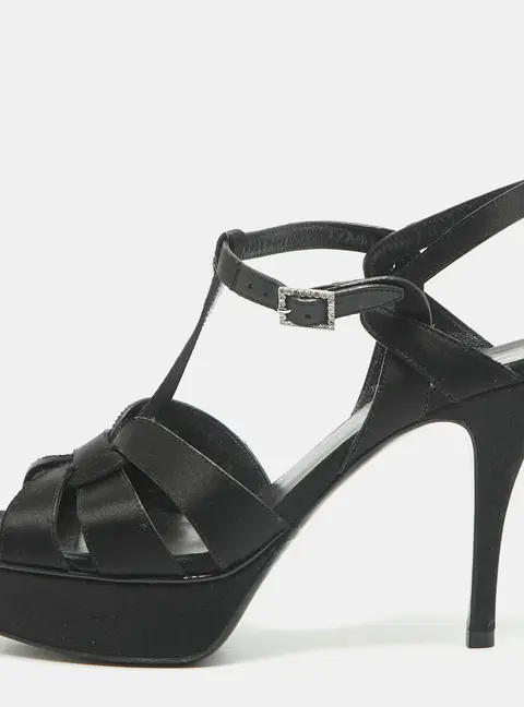 Saint Laurent Black Satin Tribute Ankle Strap Platform Sandals Size 37.5