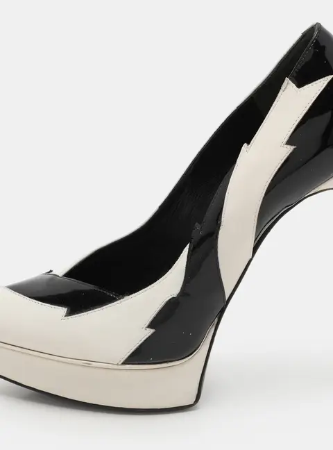 Saint Laurent Paris White/Black Leather and Patent Leather Janis Pumps Size 35.5