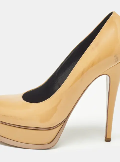 Saint Laurent Beige Patent Leather Tribtoo Platform Pumps Size 38