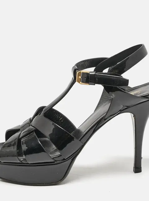 Saint Laurent Paris Tribute Size 38 Black Patent Leather Platform Sandals