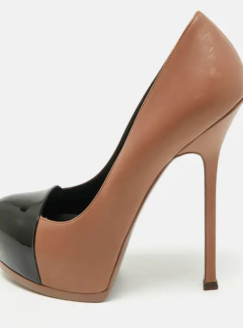 Saint Laurent Beige/Black Patent and Leather Tribtoo Platform Pumps Size 39.5