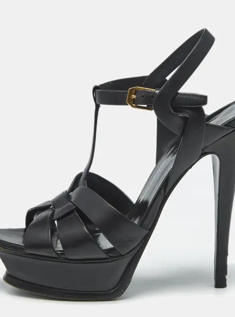 Saint Laurent Paris Tribute Size 37.5 Black Leather Platform Sandals