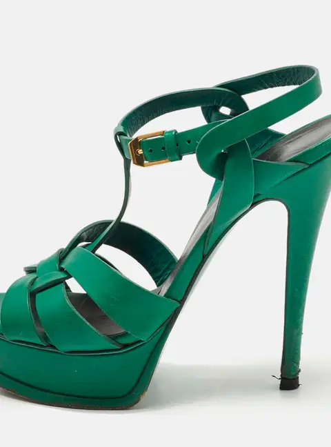 Saint Laurent Paris Tribute Size 36.5 Green Leather Platform Sandals