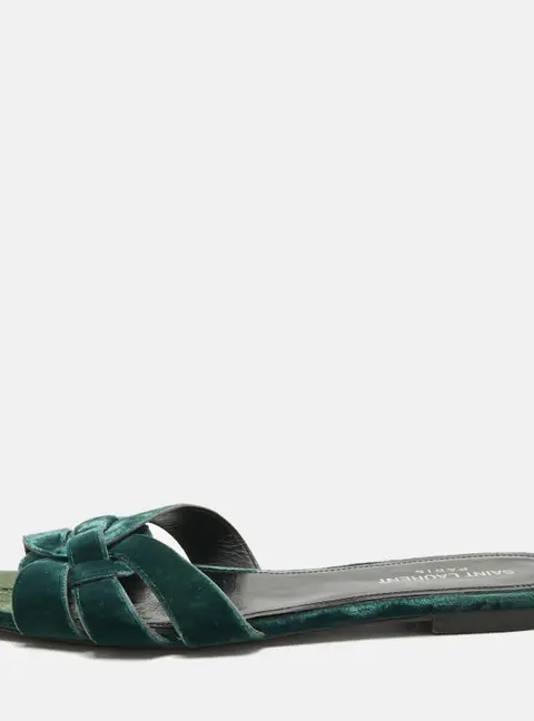 Saint Laurent Paris Green Velvet Tribute Flat Slide Size 38.5