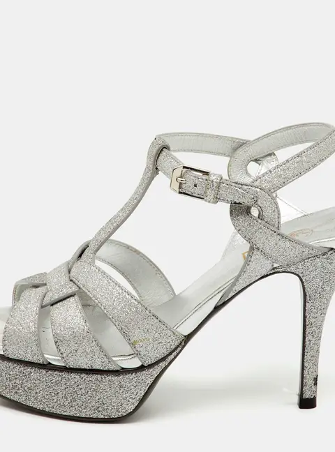 Saint Laurent Silver Glitter and Leather Tribute Platform Sandals Size 36