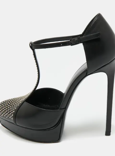 Saint Laurent Black Leather Studded T-Bar Janis Platform Pumps 36.5
