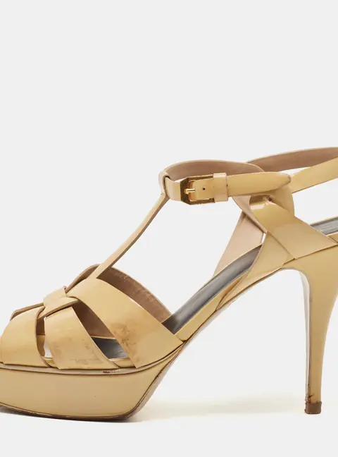 Saint Laurent Beige Patent Leather Tribute Platform Ankle Strap Sandals Size 41