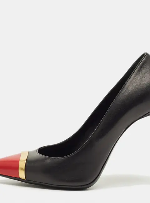 Saint Laurent Janis Size 35.5 Black/Red Leather Metal Trim Pointed Toe Pumps