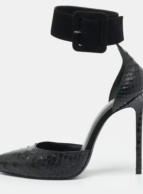 Saint Laurent Escarpin Size 39.5 Black Python and Suede Ankle Cuff Pumps