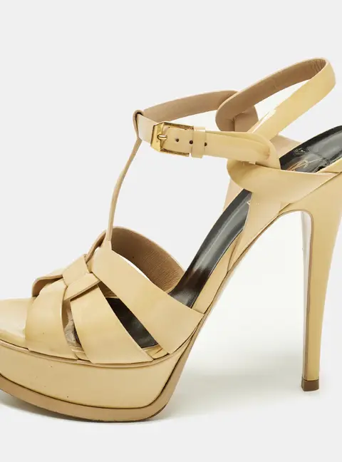 Saint Laurent Tribute Size 37.5 Beige Patent Leather Ankle Strap Sandals