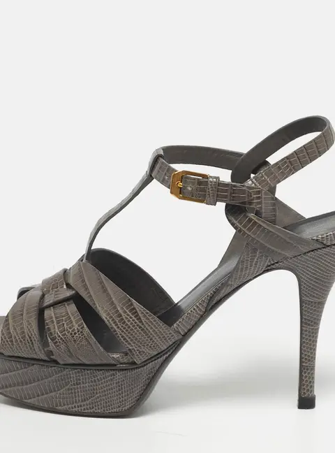Saint Laurent Paris Tribute Size 37 Grey Lizard Embossed Leather Platform Sandals