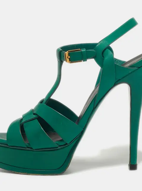 Saint Laurent Tribute Size 37.5 Green Leather Platform Sandals