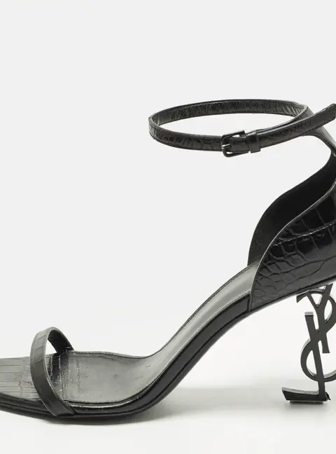 Saint Laurent Opyum Size 39.5 Black Croc Embossed Leather Ankle Strap Sandals