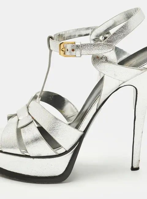 Saint Laurent Tribute Size 37 Silver Leather Platform Sandals