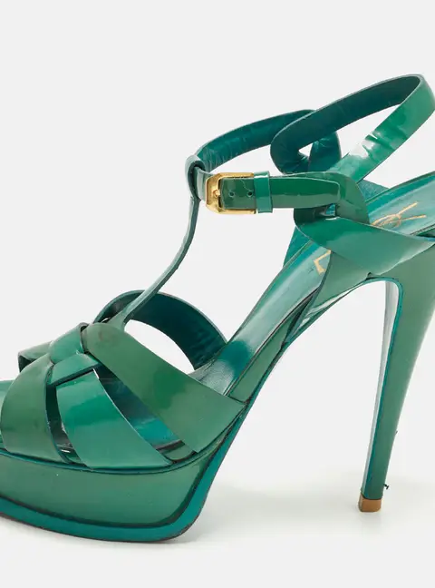 Saint Laurent Tribute Size 37 Green Patent Leather Ankle Strap Sandals