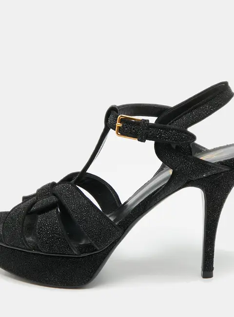 Saint Laurent Tribute Size 38 Black Texture Suede Ankle Strap Sandals