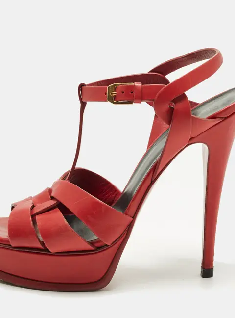 Saint Laurent Tribute Size 39 Red Leather Ankle Strap Sandals