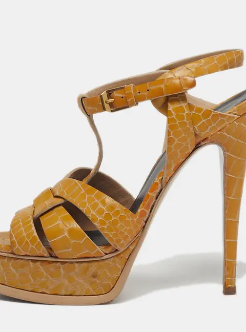 Saint Laurent Tribute Size 37 Yellow/Brown Croc Embossed Leather Platform Sandals